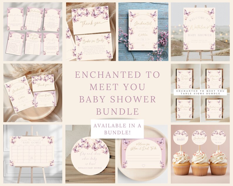K&ouml;nnte beinhalten: Ein Set mit druckbaren Babyparty-Dekorationen mit einem verspielten Schmetterlings-Motiv. Das Set beinhaltet Tischschilder, ein Willkommens-Schild, eine Dankeskarte, eine Spielkarte und Cupcake-Topper. Die Dekorationen sind in den Farben Rosa, Lila und Wei&szlig; gehalten.