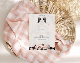Pink Two Fast Second Birthday Invitation | Editable Two Fast Vintage Racecar Birthday Invite | Girl Pink Two Fast Birthday Invitation