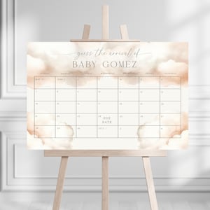 Pu&ograve; includere: Un gioco di baby shower stampabile con uno sfondo ad acquerello. Il gioco si chiama "Indovina l'arrivo di Baby Gomez" e presenta un calendario con i mesi di maggio e giugno. La data di scadenza &egrave; il 1 luglio.