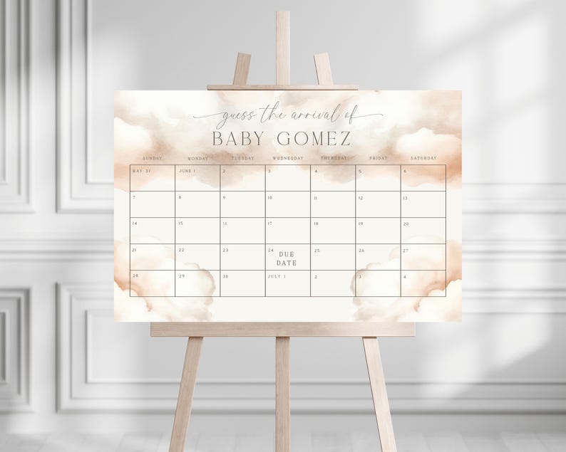 Pu&ograve; includere: Un gioco di baby shower stampabile con uno sfondo ad acquerello. Il gioco si chiama "Indovina l'arrivo di Baby Gomez" e presenta un calendario con i mesi di maggio e giugno. La data di scadenza &egrave; il 1 luglio.