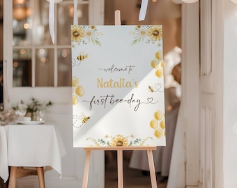 First Bee Day Welcome Sign: Editable Bee First Birthday Party Welcome Sign Template, Bee Birthday Sign