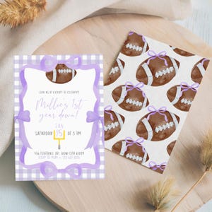 May include: Purple and white gingham invitation with a purple ribbon and bow. The invitation says "Join us at kickoff to celebrate Millie's 1st year down!" with a football graphic and the date "Jan 25" and time "at 3 PM".