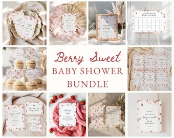 May include: A collection of baby shower decorations and stationery with a berry theme. The items include invitations, thank you cards, cupcake toppers, a sign, and a calendar. The designs feature a pink and white striped pattern with strawberry illustrations and the text "Berry Sweet".