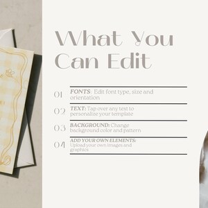 May include: A digital invitation template featuring a yellow gingham pattern with a decorative border and the text Our Little Honey Is Turning One. The graphic includes instructions for editing fonts, text, background colors, and adding custom elements.