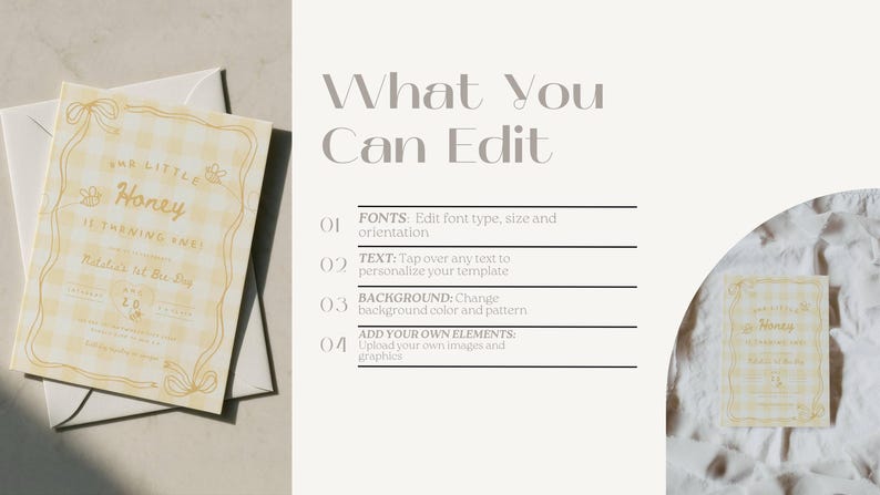 May include: A digital invitation template featuring a yellow gingham pattern with a decorative border and the text Our Little Honey Is Turning One. The graphic includes instructions for editing fonts, text, background colors, and adding custom elements.