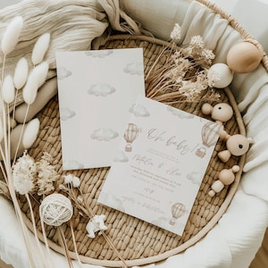 Invito per baby shower con mongolfiera neutra / Invito per baby shower modificabile Up, Up and Away / Invito per baby shower con mongolfiera stampabile e digitale
