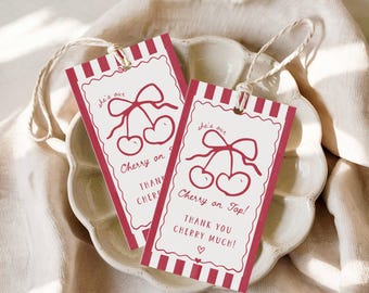 Cherry on Top Baby Shower Favor Tag: Editable She's our Cherry on Top Baby Shower Thank You Tag, Red Coquette Bow Cherry Favor Tag