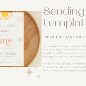 May include: A printable invitation for a first birthday party with a sun and clouds theme. The invitation is white with pink and yellow accents. The text on the invitation reads "first trip around the sun Natalia is turning one".