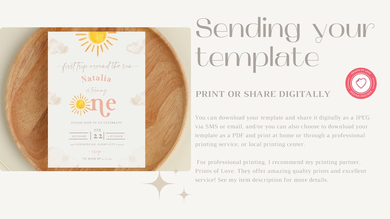 May include: A printable invitation for a first birthday party with a sun and clouds theme. The invitation is white with pink and yellow accents. The text on the invitation reads "first trip around the sun Natalia is turning one".