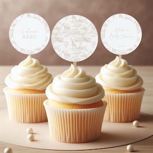 Safari Toile Babyparty Cupcake Topper | Bearbeitbare Beige Safari Toile Babyparty | Beige Safari Toile de Jouy-Babyparty Cupcake Toppers