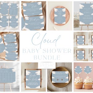 May include: A blue and white baby shower printable bundle with a cloud theme. The bundle includes invitations, thank you cards, games, and decorations. The text "Cloud Baby Shower Bundle" is written in a script font.