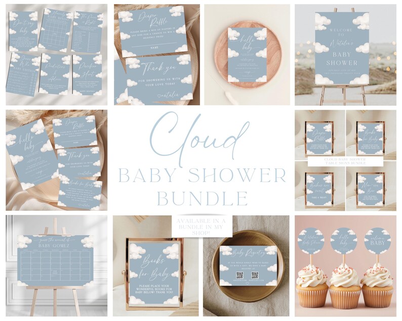 May include: A blue and white baby shower printable bundle with a cloud theme. The bundle includes invitations, thank you cards, games, and decorations. The text "Cloud Baby Shower Bundle" is written in a script font.
