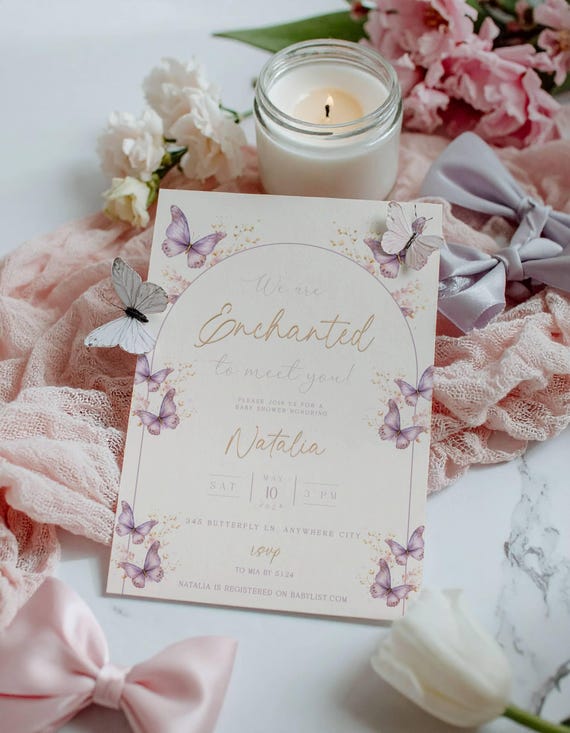 Enchanted to Meet You Baby Shower Invitation | Editable Butterfly Baby Shower Invite | Purple Butterfly Baby Shower Evite