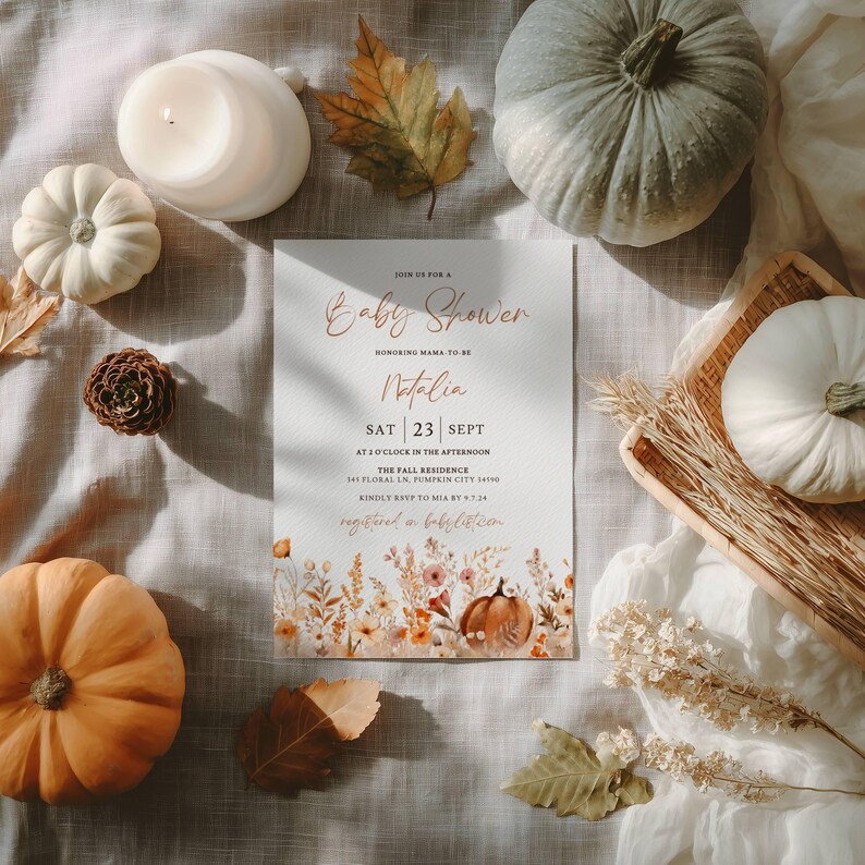 Fall Baby Shower Invitation: Boho Pumpkin Floral Theme (5x7 in, Editable Template) image 3