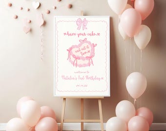 Roze strik Welkomstbord 2e verjaardag: bewerkbaar Have Your Cake And Eat It Two-welkomstbord | Coquette welkomstbord 2e verjaardag (18 x 24 inch)