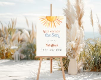 Hier kommt der Sohn-Babyparty-Willkommensschild: Aquarell Sonne (Digitale herunterladbare Vorlage 18 x 24 Zoll)