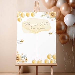 Op de afbeelding: Een gender reveal party-bord met een aquarel achtergrond en een honingraatpatroon. Het bord zegt "Jongetje of meisje? Geef hier je stem." en heeft twee lege ruimtes voor gasten om hun gok te schrijven.