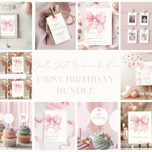 Girls Just Wanna be One First Birthday Bundle | Editable Pink Bow Birthday Invitation | Pink Bow Baby Birthday Evite | Pink Bow 1st Birthday