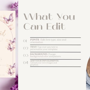 K&ouml;nnte beinhalten: Eine druckbare Einladungsvorlage mit einem rosa-goldenen Farbschema, verziert mit Schmetterlingen und floralen Akzenten. Der Text lautet "We are Enchanted to meet you!" und enth&auml;lt den Namen "Natalia". Die Vorlage ist anpassbar mit editierbarem Text, Schriftarten, Hintergrundfarben und Mustern.