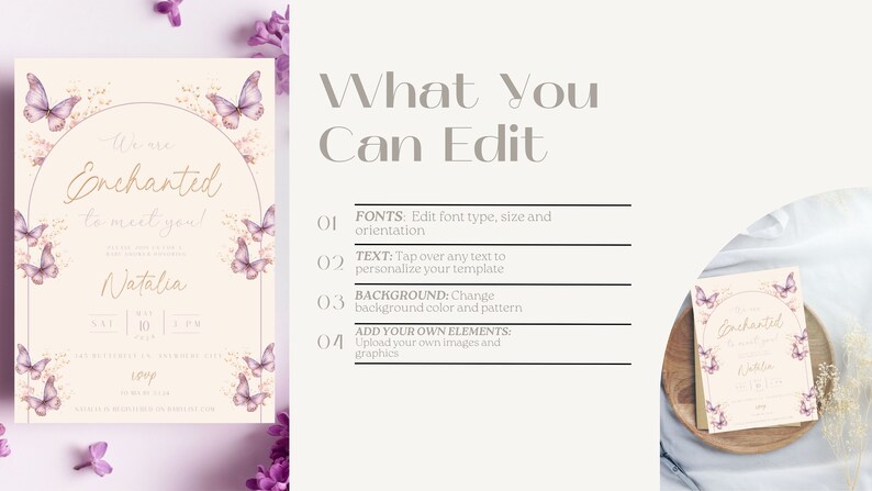 K&ouml;nnte beinhalten: Eine druckbare Einladungsvorlage mit einem rosa-goldenen Farbschema, verziert mit Schmetterlingen und floralen Akzenten. Der Text lautet "We are Enchanted to meet you!" und enth&auml;lt den Namen "Natalia". Die Vorlage ist anpassbar mit editierbarem Text, Schriftarten, Hintergrundfarben und Mustern.