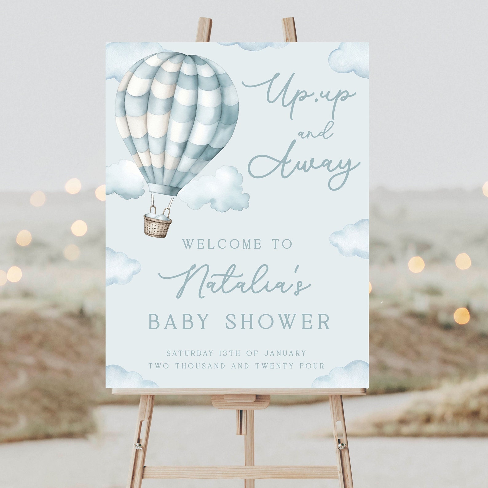 Editable Blue Up, up and Away Baby Shower Sign Blue Up, up and(00)