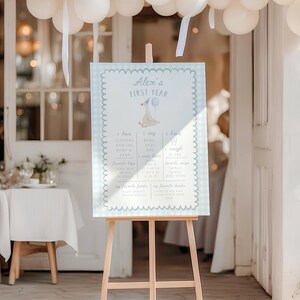 Op de afbeelding: Een lichtblauw en wit bord op een houten ezel, met de tekst "Alex's First Year" en een cartoon gans illustratie. Het bord heeft een gingham rand en is versierd met informatie over het eerste jaar van het kind. Witte ballonnen en linten zijn op de achtergrond.