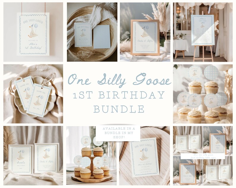 Op de afbeelding: Een verzameling feestartikelen met het thema "One Silly Goose 1st Birthday Bundle". Inclusief uitnodigingen, labels, cupcake toppers en ingelijste borden, allemaal met een ganzenillustratie in blauw en beige.