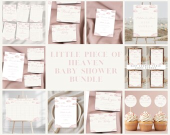 May include: A set of printable baby shower signs with a pink and white cloud theme. The signs include a welcome sign, a table sign, a thank you sign, a game sign, and a sign that says "Little Piece of Heaven Baby Shower Bundle".