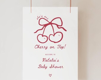 Cherry on Top Baby Shower Welcome Sign: Editable She's our Cherry on Top Baby Shower Sign, Red Coquette Bow Cherry Baby Shower Welcome Sign