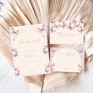 Set di inviti per baby shower a forma di farfalla "Enchanted to Meet You": modificabile. Grazie per il baby shower "Enchanted to Meet You", lotteria dei pannolini (modificabile).