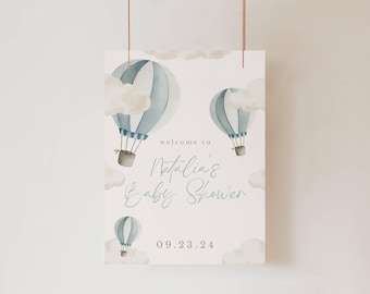 Blauer Heißluftballon-Babyparty-Willkommensschild, bearbeitbares Blau Up Up und Away-Babyparty-Willkommensschild