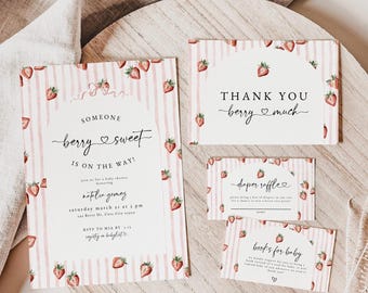 May include: A baby shower invitation set with a strawberry theme. The invitation reads "Someone berry sweet is on the way!" and includes details. Matching cards say "Thank you berry much," "Diaper Raffle," and "Books for Baby."