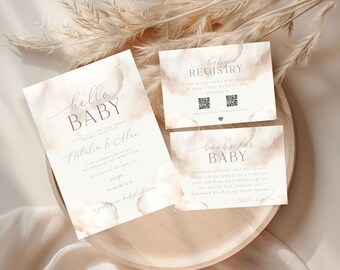 Cloud Baby Shower Invitation Set: Neutral Beige, Editable (Digital & Printable)