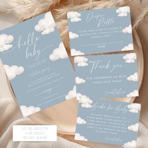 May include: A set of four baby shower cards with a blue background and white clouds. The cards feature the text "hello baby", "diaper raffle", "thank you", and "books for baby".
