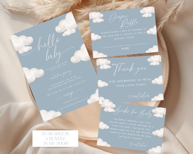May include: A set of four baby shower cards with a blue background and white clouds. The cards feature the text "hello baby", "diaper raffle", "thank you", and "books for baby".