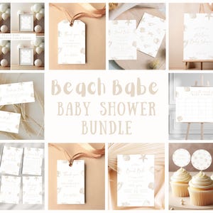 Op de afbeelding: Een printbare baby shower bundel met een strandthema. De bundel bevat uitnodigingen, bedankkaartjes, tafelkaartjes, een spelkaart en cupcake toppers. Het ontwerp is in een lichtbruine en witte kleurstelling met schelpen en zeesterren.