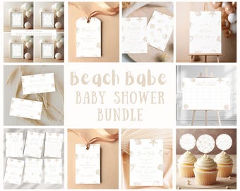May include: A printable baby shower bundle with a beach theme. The bundle includes invitations, thank you tags, table signs, a game card, and cupcake toppers. The design features a light brown and white color scheme with seashells and starfish.