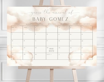 Könnte beinhalten: Ein Babyparty-Kalenderschild auf einer Staffelei. Das Schild zeigt ein Kalenderraster mit dem Text "guess the arrival of BABY GOMEZ". Der Hintergrund hat ein Aquarell-Wolken-Design in Braun- und Beigetönen. Der Fälligkeitstermin ist der 24. Juni.
