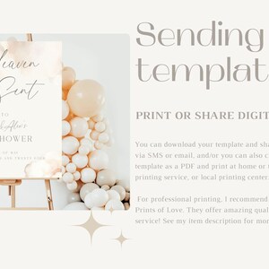 May include: A printable baby shower sign with a watercolour background and the text "Heaven Sent" and "Welcome to [Name]'s Baby Shower".