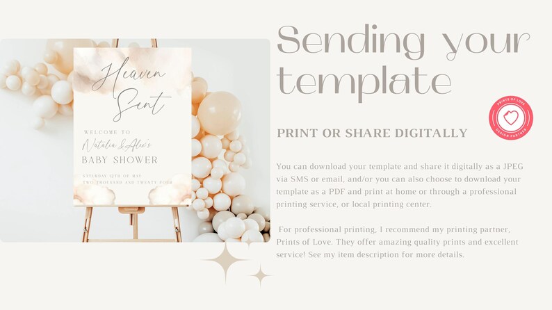 May include: A printable baby shower sign with a watercolour background and the text "Heaven Sent" and "Welcome to [Name]'s Baby Shower".