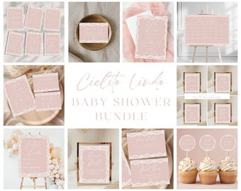 May include: A pink and white baby shower invitation bundle with a lace design. The bundle includes invitations, thank you cards, food labels, and a welcome sign. The text on the invitations reads "Cielito Lindo Baby Shower Bundle".
