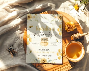 First Bee Day Invitation | Editable First Bee Day 1st Birthday Evite (Digital & Printable)