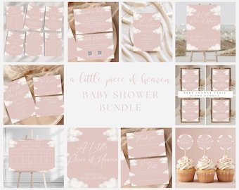May include: A pink and white baby shower printable sign bundle with the text "a little piece of heaven baby shower bundle". The signs feature clouds and the text "a little piece of heaven" in a script font. The bundle includes table signs, a welcome sign, and a thank you sign.