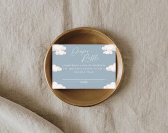 Editable Modern Hello Baby Blue Cloud Baby Shower Diaper Raffle Card | Cloud Baby Boy Shower Evite | Printable & Digital Cloud Baby Shower