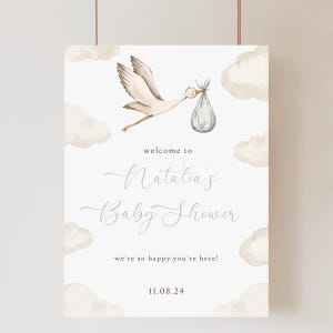 Letrero de bienvenida para baby shower con cigüeña de género neutro / Letrero editable para baby shower con cigüeña de entrega especial / Letrero imprimible y digital para baby shower con cigüeña