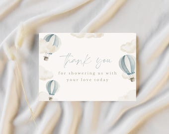 Blue Hot Air Balloon Baby Shower Thank You Card (Editable Printable)