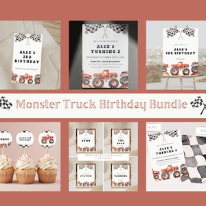 Monster Truck Birthday Bundle | Editable Red Monster Truck Birthday Invitation | Printable & Digital Red Monster Truck Birthday Bundle