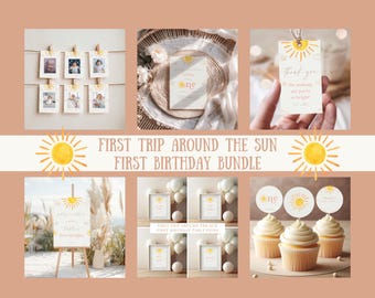 Puede incluir: Un conjunto de decoraciones y papelería para la primera fiesta de cumpleaños. Incluye tarjetas con fotos, invitaciones, etiquetas de agradecimiento, letreros de mesa, adornos para cupcakes y globos. El tema es "First Trip Around the Sun".