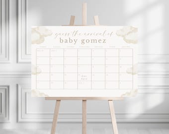 Cloud Baby Shower Due Date Calendar Sign: Neutral Beige (Editable Printable)