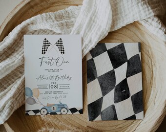 Fast One Birthday Invitation | Vintage Racecar, Editable First Birthday Invite (Digital & Printable)